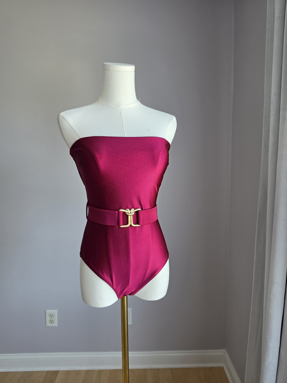 Zimmermann Strapless Fuchsia One-Piece with Gold Buckle Belt